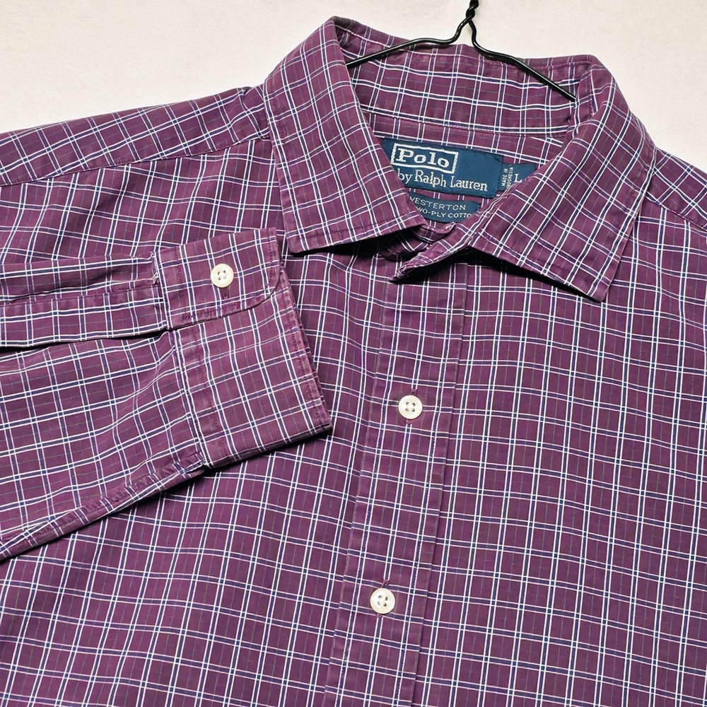 Polo Ralph Lauren Button Down Mens Large Purple Check Westerton Two-Ply Cotton